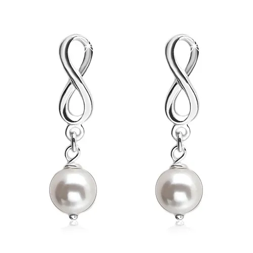 Strieborné náušnice 925, lesklý symbol nekonečna, biela guľatá perlička