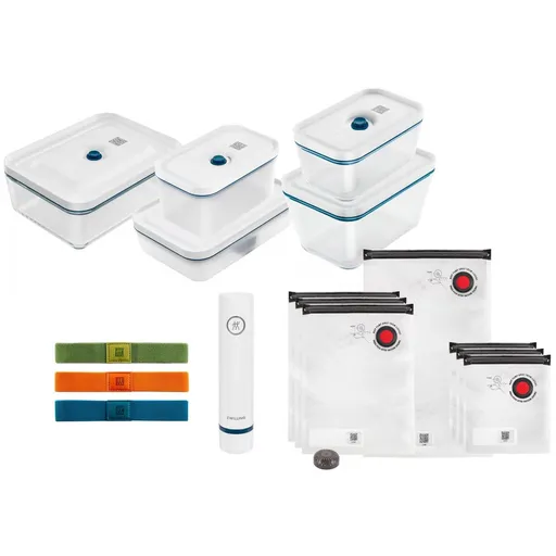 ZWILLING vákuová sada, 3x sklenená nádoba, 2x plastová nádoba, 7 sáčkov, vákuová pumpa, 3 pásky, modrá - Fresh & Save