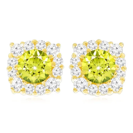 Zlaté náušnice 9K so zeleným olivínom a štvorcovým zirkónovým lemom