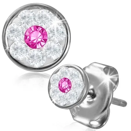 Oceľové náušnice - kvietok so Swarovski® komponentmi, ružový zirkón, 5 mm
