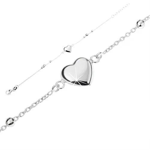 Strieborný náramok 925, vypuklé lesklé srdiečko, brúsené guličky