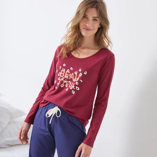Pyžamové tričko s dlhými rukávmi a stredovou potlačou Beautiful