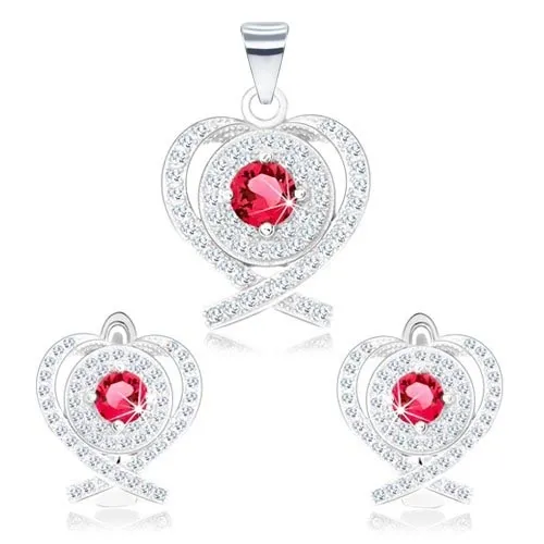 Strieborné náušnice a prívesok 925, srdce - prekrížené línie, ružový zirkón