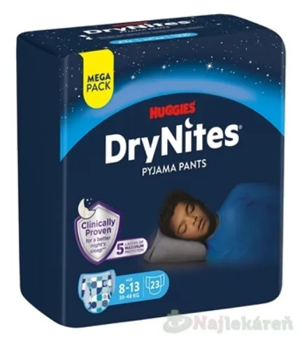 HUGGIES DryNites L pre chlapcov 8-13 rokov MEGA plienkové nohavičky 30-48kg 23ks