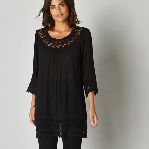 Krepónová tunika s 3/4 rukávmi a macramé