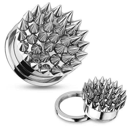 Tunel plug do ucha z ocele 316L, strieborná farba, povrch zdobený ostňami - Hrúbka: 10 mm
