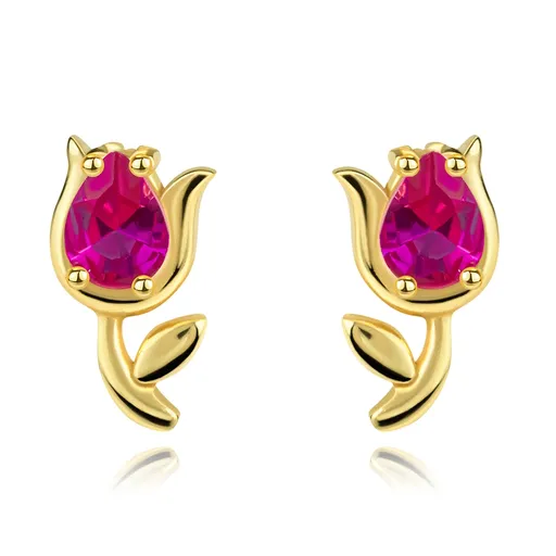 Zlaté náušnice 14K v tvare tulipánu s fuchsiovým zirkónom