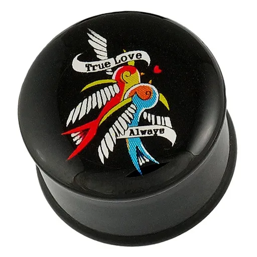 Plug do ucha - dva vtáčiky, stužka a zamilovaný nápis - Hrúbka piercingu: 10 mm