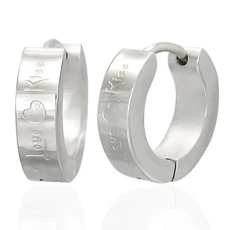 Náušnice z ocele 316L, strieborný odtieň, gravírované srdiečka a nápis