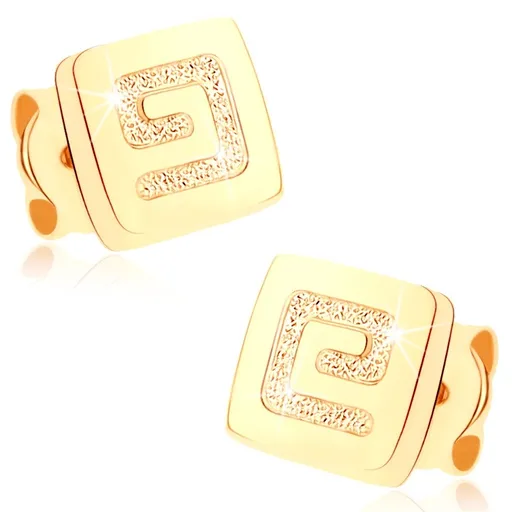 Zlaté náušnice 9K štvorec s pieskovaným gréckym kľúčom