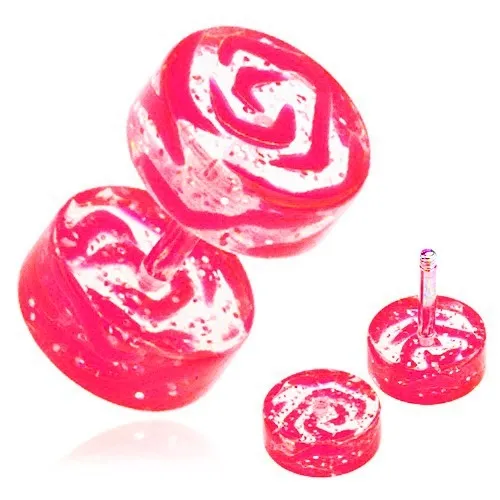 Akrylový fake piercing do ucha, priehľadný, ružová potlač obrysu ruže