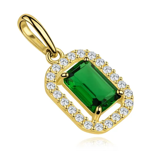 Zlatý prívesok 9K obdĺžnikový smaragdovozelený zirkón a lem zirkónov