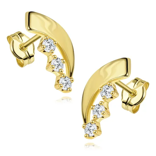 Zlaté náušnice 14K s asymetrickým oblúkom a zirkónovou líniou