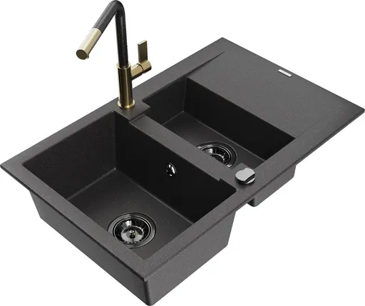 MEXEN/S MEXEN/S - Gaspar granitový drez 1.5 s odkvapkávačom vrátane batérie Flora, čierna kropenatá 6507-76-670401-75-B