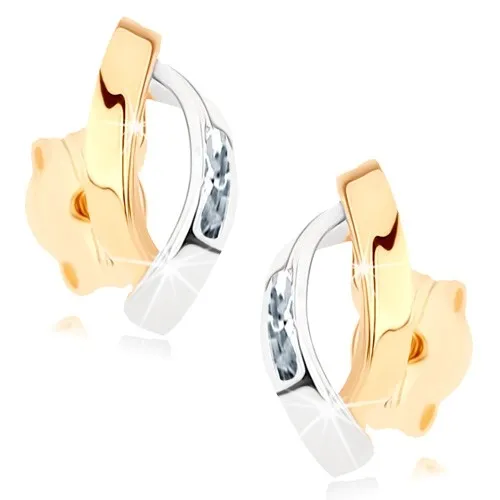 Zlaté náušnice 9K s dvojfarebnými oblúkmi a zirkónmi