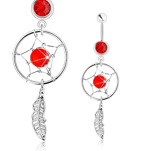 Piercing do bruška, chirurgická oceľ, lapač snov, pierko, červený zirkón a korálka