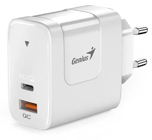 Genius PD-65AC, Napájací adaptér, univerzálny, 65W, 1× USB-C, 1× USB, PD 3.0, QC 3.0, biely