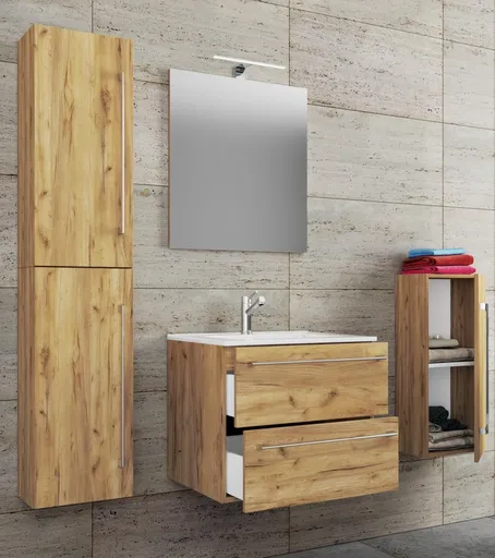 VCM 5dílná umyvadlová skříňka Badinos 2 zásuvky 60 cm se zrcadlem a střední/vysokou skříňkou, dub medový