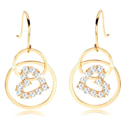 Náušnice zo žltého 14K zlata - prepojené obruče, zirkónová kontúra srdca