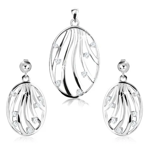Sada - strieborné náušnice a prívesok 925, kontúra oválu, zvlnené línie, zirkóny