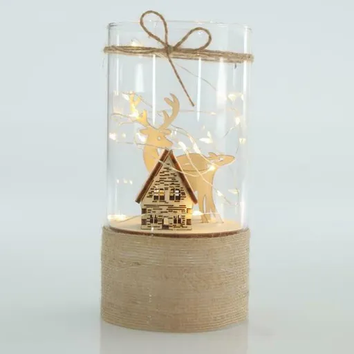 Eurolamp Sklenený dekor s chalúpkou a sobom, 9 x 18 cm