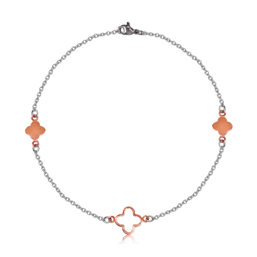 Náramok z ocele v medenej a striebornej farbe - menšie kvety, obrys kvetu v strede, jemná retiazka