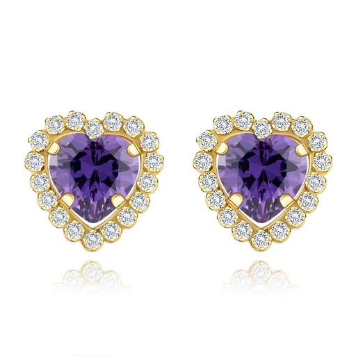 Náušnice v žltom 14K zlate - srdce s fialovým zirkónom, číra zirkónová obruba
