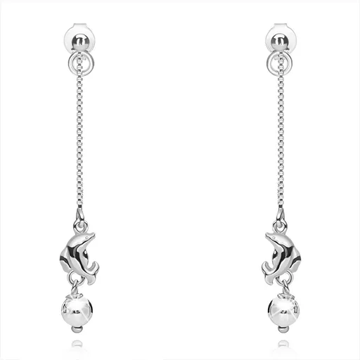 Náušnice zo striebra 925, delfín a gulička na tenkých retiazkach