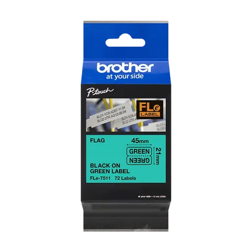 Brother FLE-7511 Pro Tape, 45mm x 10.5mm, čierna tlač/zelený podklad, 72ks, originálna páska