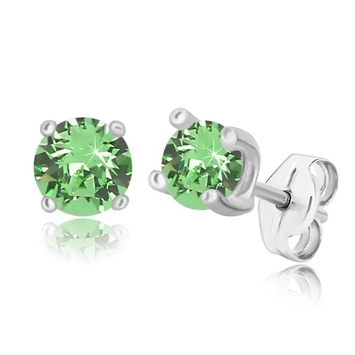 Strieborné 925 náušnice - okrúhly zirkón svetlozelenej farby vo štvorcovom kotlíku