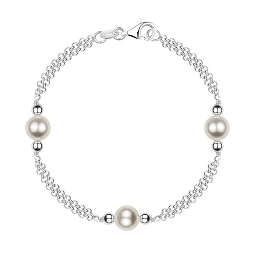 Strieborný 925 náramok - dvojitá retiazka, guličky, syntetické perly