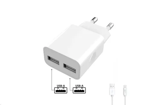 WG - Sieťová nabíjačka 2x USB-A 2, 4A, Smart IC + kábel USB-A na Lightning, white