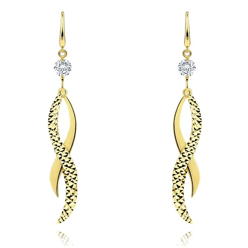 Náušnice zo žltého 14K zlata - číry zirkón, tri zvlnené prelínajúce sa stužky