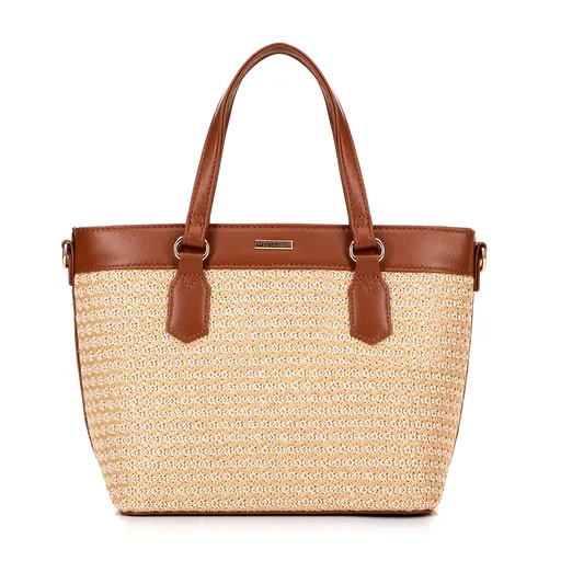 Dámska kabelka z ekokože a výpletu béžovo-hnedá 100-4Y-409-95