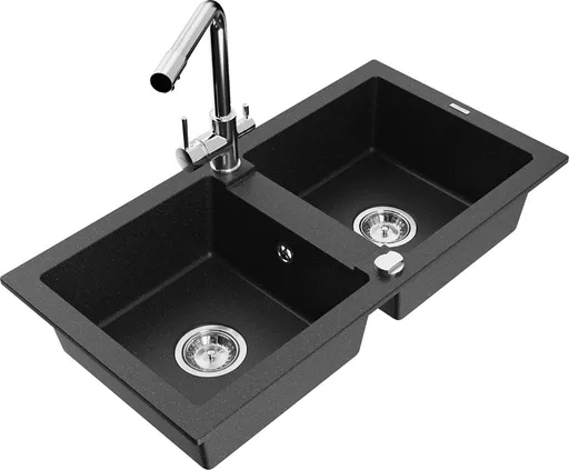 MEXEN/S MEXEN/S - Mario granitový drez 2-bowl vrátane batérie Duero, čierna/strieborná metalík 6504-73-671600-00