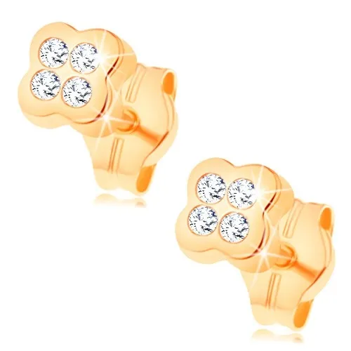 Zlaté puzetové náušnice 585 - kvietok vykladaný čírymi zirkónikmi