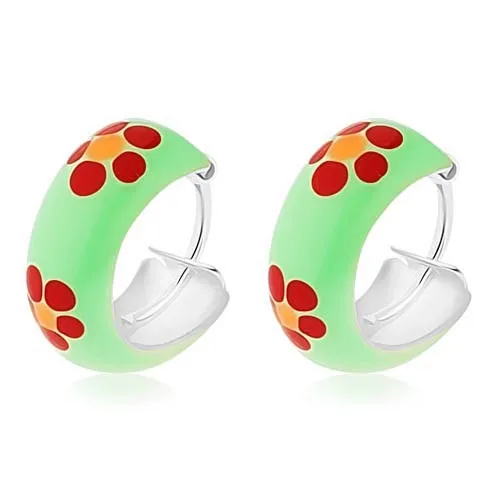 Okrúhle náušnice, striebro 925, zelený podklad s červenými kvietkami, 11 mm