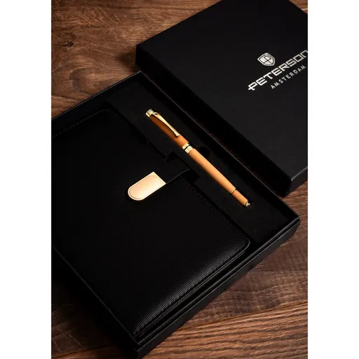 Darčeková sada – čierny zápisník A5 z prúžkovanou eko kožou a pero so zlatými detailmi