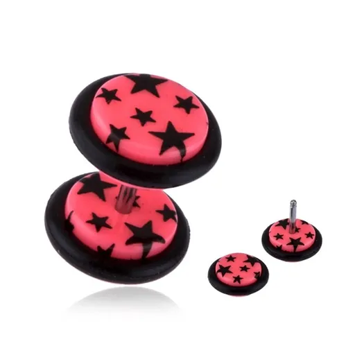 Fake plug do ucha z akrylu - čierne hviezdy, ružový podklad