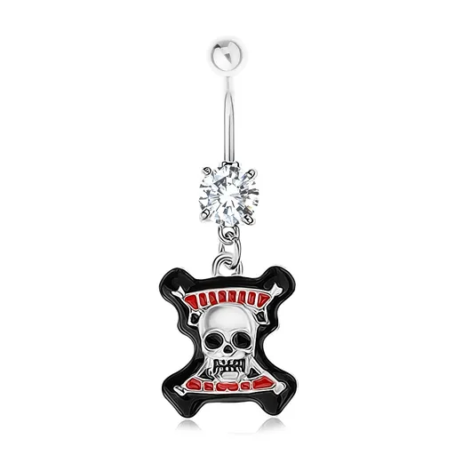 Piercing do pupku, oceľ 316L, číry zirkón, lebka, čierny lem, červené prúžky
