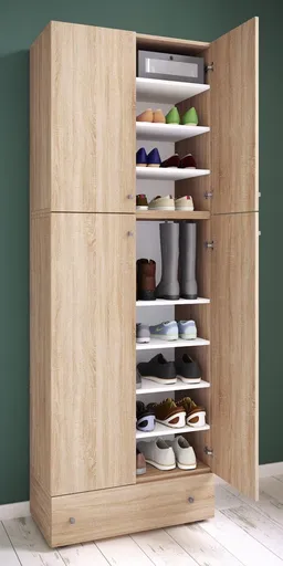 VCM Botník Lona XXL s 9 přihrádkami, otočné dveře, se zásuvkou, dub sonoma