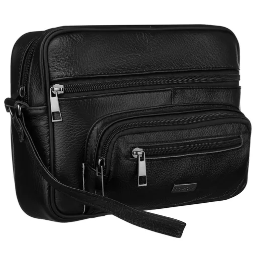 Pánska kožená kapsička v čiernej farbe s vonkajšími vreckami a držadlom do ruky