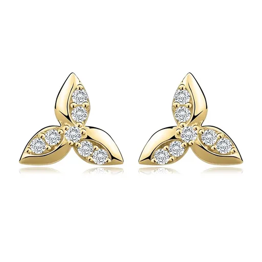 Zlaté náušnice v 14K žltom zlate - listy so širším lemom, zirkóny, puzetky