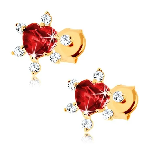 Zlaté náušnice 14K srdce s granátom a čírymi zirkónmi