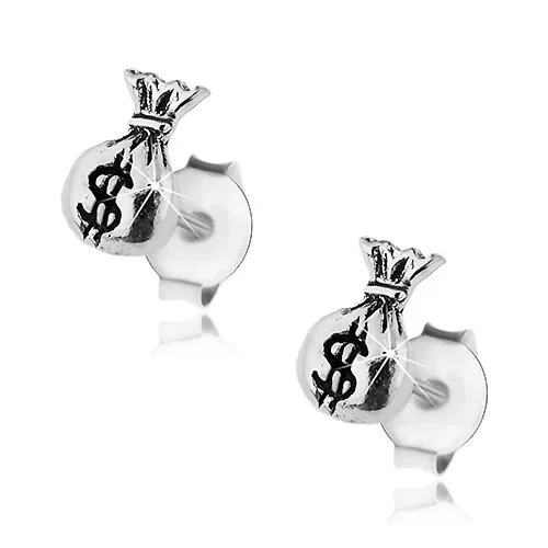 Strieborné náušnice 925, lesklý mešec, symbol amerického dolára