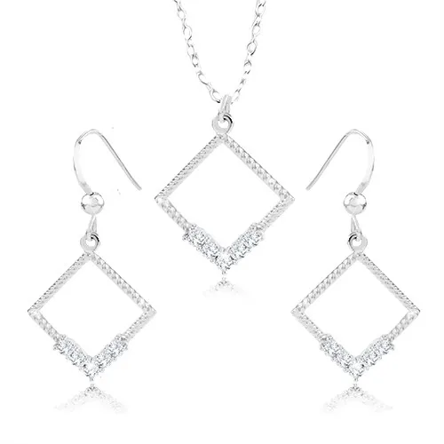 Set náhrdelníka a náušníc - striebro 925, kontúra kosoštvorca, číre zirkóny, vrúbky