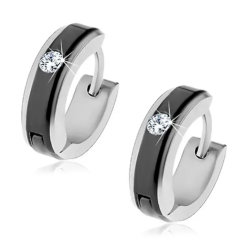 Náušnice z ocele 316L s kĺbovým zapínaním, čierny pruh a  číry zirkón