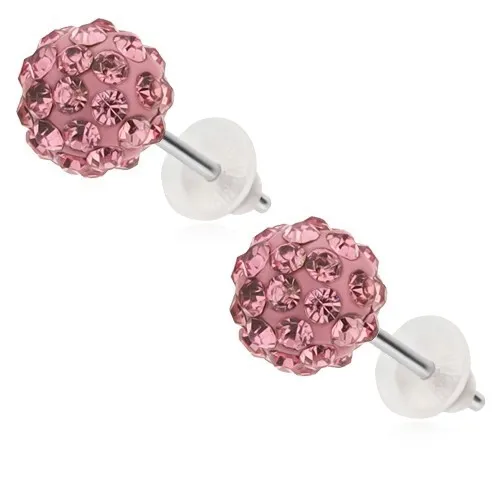 Náušnice z ocele 316L - ligotavá gulička so zirkónmi svetloružovej farby, 8 mm