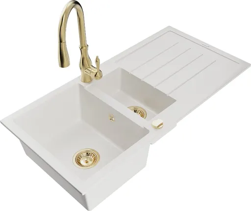 MEXEN/S MEXEN/S - Andres granitový drez s odkvapkávačom vrátane batérie Savita, biela 6515-20-672601-50