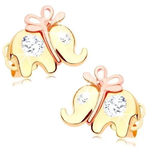 Zlaté náušnice 14K v tvare slona s mašľou a zirkónmi